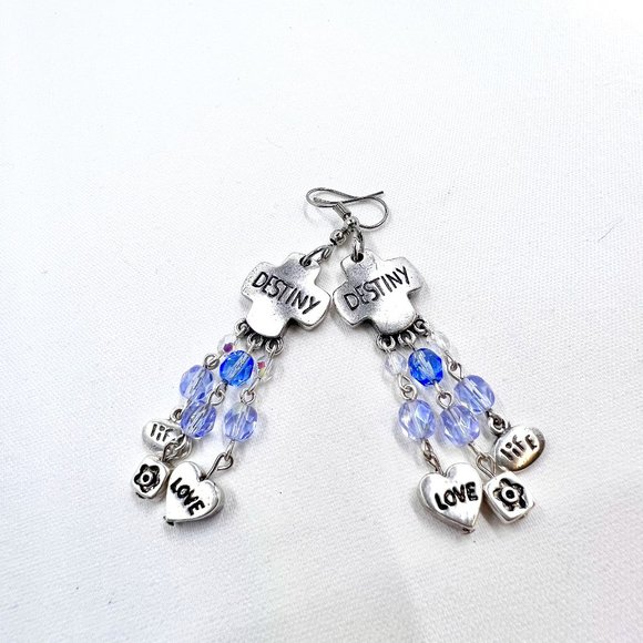 Up-Cycled - Antiqued Silver Tone “Destiny” Blue Beaded Dangle Fishhook Earrings - Picture 1 of 7